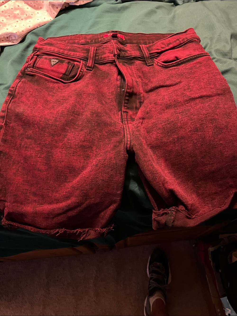 Guess Red Acid-Wash Denim Cutoff Shorts
